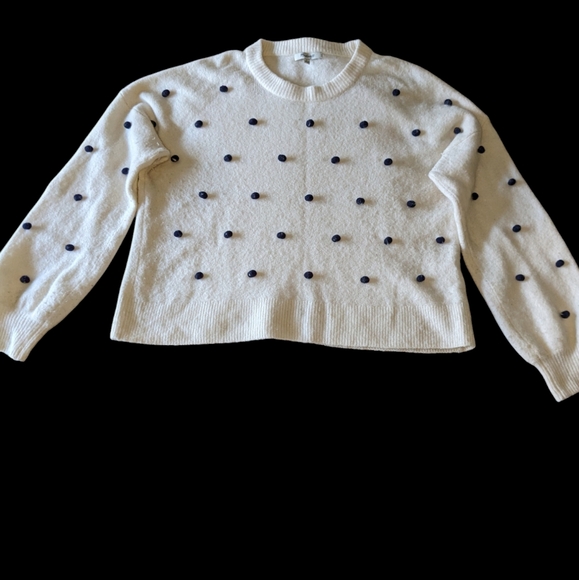 Madewell Wool Blend Pullover Sweater, Size Med, Cream Navy w/ Polka Dot Pom Poms - Picture 2 of 7